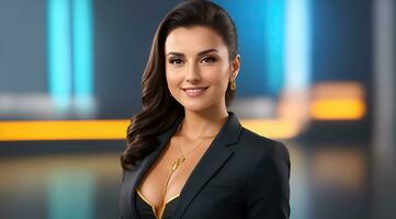 uma foto do uma televisão notícia fêmea apresentador em uma popular canal. viver corrente transmissão em televisão. ai generativo