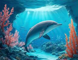 ai generativo, Maravilhoso e lindo embaixo da agua mundo com golfinho, corais e tropical peixe. foto