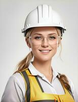 jovem fêmea local engenheiro com uma segurança colete e capacete de segurança foto