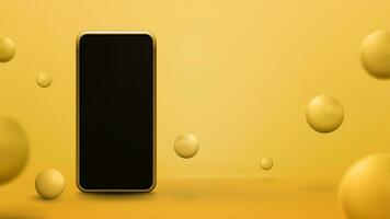 Smartphone brincar dentro amarelo abstrato cena com saltando esferas. 3d render ilustração com amarelo abstrato quarto com telefone e 3d amarelo esferas foto