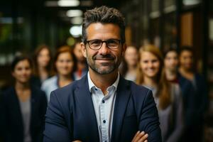 ai generativo grupo do feliz o negócio homem e o negócio mulheres, vestido dentro ternos estão sorridente, dentro a escritório foto