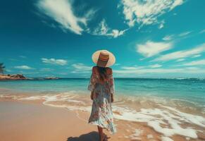 ai generativo jovem turista mulher dentro verão vestir e chapéu em pé em lindo arenoso de praia. fofa menina desfrutando foto