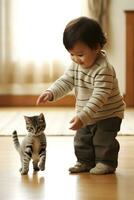 uma criança pequena é alegremente jogando com uma gatinho gerado ai foto