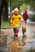 uma criança dentro uma capa de chuva jogando com uma gato em uma chuvoso dia ai gerado foto