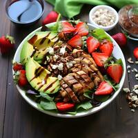 uma refrescante verão salada com misturado verduras morangos abacate e grelhado frango ai generativo foto