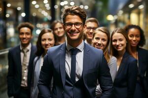 ai generativo grupo do feliz o negócio homem e o negócio mulheres, vestido dentro ternos estão sorridente, dentro a escritório foto