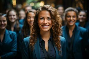 ai generativo grupo do feliz o negócio homem e o negócio mulheres, vestido dentro ternos estão sorridente, dentro a escritório foto