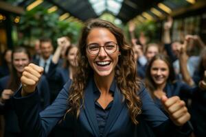 ai generativo grupo do feliz o negócio homem e o negócio mulheres, vestido dentro ternos estão sorridente, dentro a escritório foto