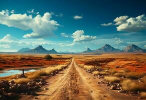 ai generativo foto estrada Claro céu deserto montanhas panorama realista imagem, ultra hd, Alto Projeto muito detalhado