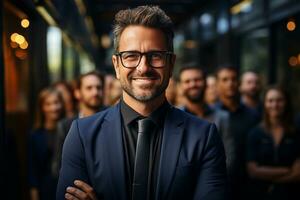 ai generativo grupo do feliz o negócio homem e o negócio mulheres, vestido dentro ternos estão sorridente, dentro a escritório foto