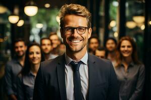 ai generativo grupo do feliz o negócio homem e o negócio mulheres, vestido dentro ternos estão sorridente, dentro a escritório foto