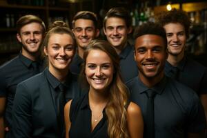 ai generativo grupo do feliz o negócio homem e o negócio mulheres, vestido dentro ternos estão sorridente, dentro a escritório foto