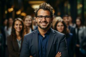 ai generativo grupo do feliz o negócio homem e o negócio mulheres, vestido dentro ternos estão sorridente, dentro a escritório foto