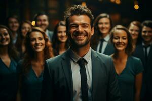 ai generativo grupo do feliz o negócio homem e o negócio mulheres, vestido dentro ternos estão sorridente, dentro a escritório foto