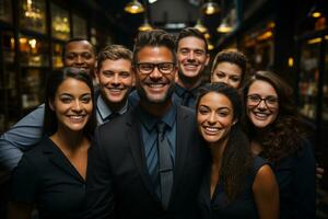 ai generativo grupo do feliz o negócio homem e o negócio mulheres, vestido dentro ternos estão sorridente, dentro a escritório foto