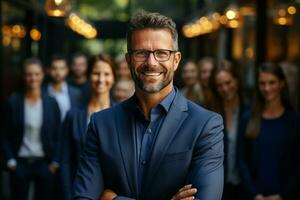 ai generativo grupo do feliz o negócio homem e o negócio mulheres, vestido dentro ternos estão sorridente, dentro a escritório foto