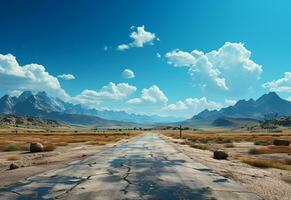 ai generativo foto estrada Claro céu deserto montanhas panorama realista imagem, ultra hd, Alto Projeto muito detalhado