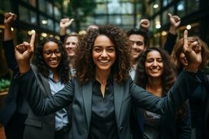 ai generativo grupo do feliz o negócio homem e o negócio mulheres, vestido dentro ternos estão sorridente, dentro a escritório foto