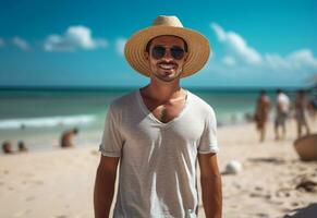 ai generativo costas Visão jovem turista homem dentro verão vestir e chapéu em pé em lindo arenoso de praia. desfrutando. foto