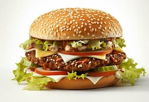 ai generativo Duplo Hamburger isolado em branco fundo fresco hamburguer velozes Comida com carne e creme queijo realista imagem, ultra hd, Alto Projeto muito detalhado foto