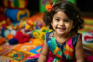 uma fofa pequeno indiano menina sorrisos enquanto sentado em uma colorida tapete ai gerado foto