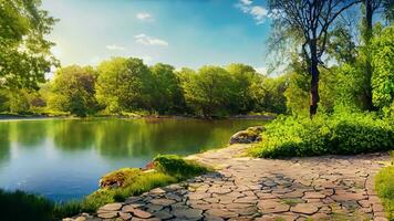 lindo colorida verão Primavera natural panorama com uma lago dentro parque cercado de verde folhagem do árvores dentro luz solar e pedra caminho dentro primeiro plano. ai generativo. foto