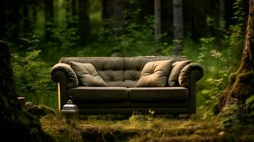 esvaziar sofá dentro a floresta ai gerado foto