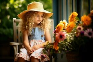 uma pequeno menina vestindo uma chapéu sentado em uma cadeira perto flores ai gerado foto