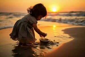 uma pequeno menina jogando com areia em a de praia às pôr do sol ai gerado foto