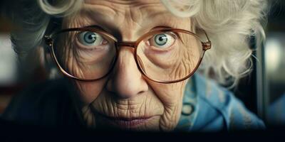 ai gerado. ai generativo. velho mulher professor dentro óculos olhando às Câmera com louco Diversão retrato face. gráfico arte foto