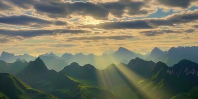 ai gerado. ai generativo. Sol luz raios a partir de a poderia em verde montanhas. ao ar livre natureza aventura panorama fundo. gráfico arte foto