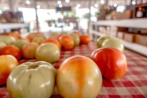 tomates saborosos em exposição no mercado da fazenda foto