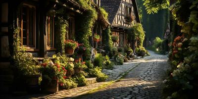 ai gerado. ai generativo. cidade Cidade rua caminhando plantar flores histórico Centro. aventura período de férias viagem fundo. gráfico arte foto