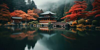 ai gerado. ai generativo. tradicional história ásia japonês chinês têmpora construção torre jardim natureza ao ar livre fundo. gráfico arte foto