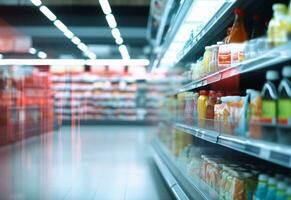 ai generativo embaçado compras prateleiras dentro supermercados e departamento lojas realista imagem ultra hd Alto Projeto foto