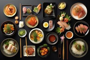 dentro a cozinha japonês Comida uma hiper realista ai gerado foto