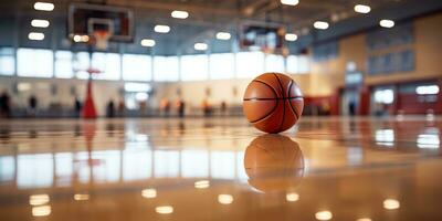 ai gerado. ai generativo. basquetebol jogos esporte arena estádio quadra em Holofote com cesta bola em chão. gráfico arte foto