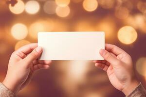 mãos segurando em branco papel, festivo atmosfera. cópia de espaço para seu texto, mensagem. Natal fundo com esvaziar espaço. alegre natal. generativo ai. foto