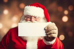 papai noel mãos segurando em branco papel, festivo atmosfera. cópia de espaço para seu texto. Natal fundo com esvaziar espaço. santa noel. alegre natal, Novo ano. generativo ai. foto