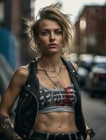 jovem punk menina dentro couro roupas em a abandonado cidade rua. generativo ai foto