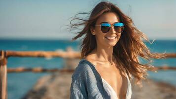 retrato do sorridente jovem mulher dentro oculos de sol, mar e Palma árvores dentro a fundo. generativo ai foto