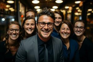 ai generativo grupo do feliz o negócio homem e o negócio mulheres, vestido dentro ternos estão sorridente, dentro a escritório foto