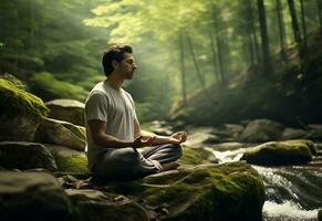 ai generativo foto do uma homem praticando atenção e meditação dentro uma pacífico natural meio Ambiente sony a7s realista imagem, ultra hd, Alto Projeto muito detalhado