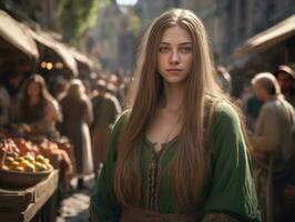 medieval menina com grandes cabelo às a mercearia mercado. digital arte. generativo ai foto