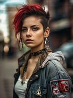 jovem punk menina dentro couro roupas em a abandonado cidade rua. generativo ai foto