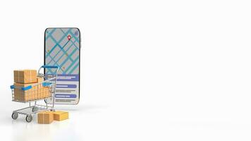 a carrinho e Móvel aplicativo para e comércios conceito 3d Renderização foto