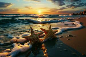 pôr do sol de praia cena, dois estrelas do mar descansar em costa, aquecendo dentro desbotando luz do dia ai gerado foto