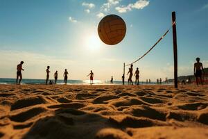 de praia voleibol açao dentro a areia e Sol ai gerado foto