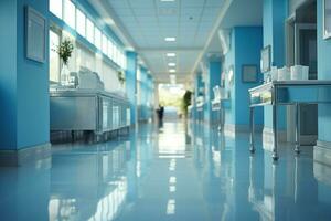 fundo borrão transforma hospital corredor, destacando clínico caminho com sutil elegância ai gerado foto