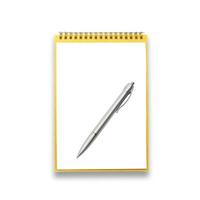 caderno e caneta sobre uma branco fundo foto